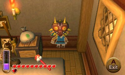 A screenshot of link wearing Majora's Mask inside a store, painted onto the wall.