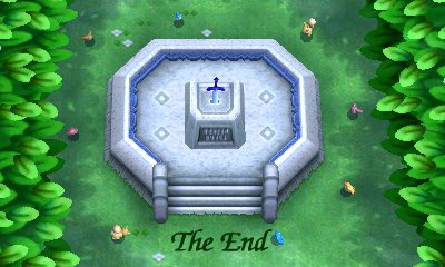 A screenshot of the end screen. The master sword is in a stone in a grove. "The End" in black text at the bottom of the screen.